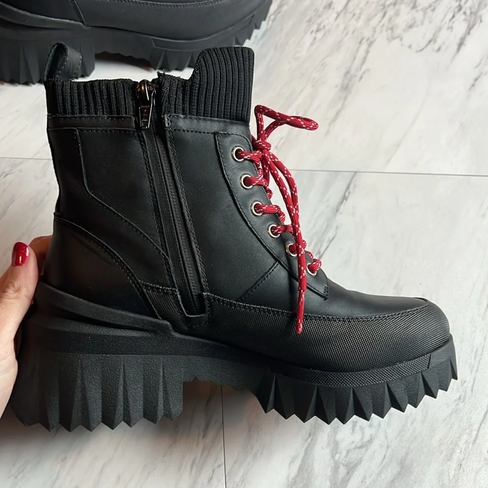 Nurture Whitney chunky boot waterproof red laces black heel shoe booties